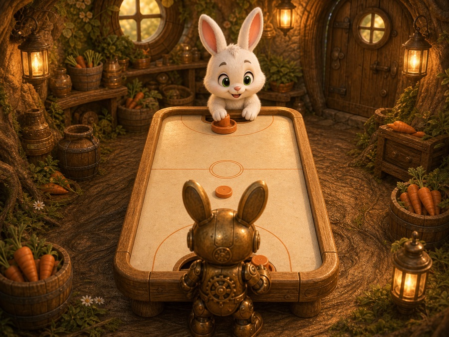 Warren Hopz playing against a friendly clockwork bunny